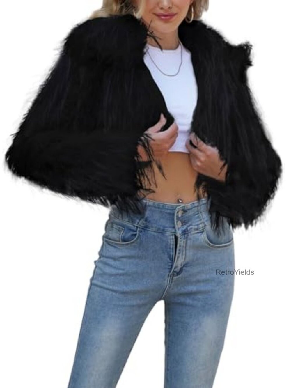 Women's Faux Fur Cropped Jacket Long Sleeve Button Short Coat